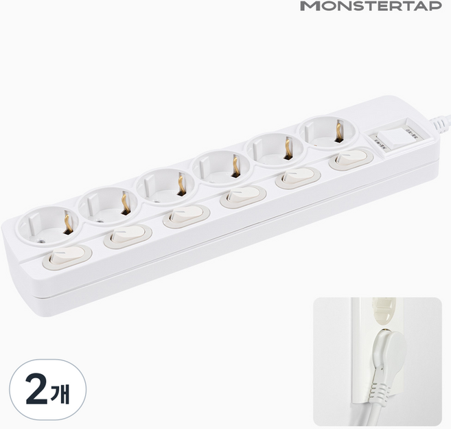 몬스터탭 국산 개별 절전 과부하차단 스위치 멀티탭 슬림 플러그, 2개, 개별 6구 화이트, 3m