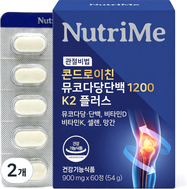 관절비법 콘드로이친 뮤코다당단백 1200 K2 플러스 소연골 비타민D 비타민K2 셀렌 망간 식약청인증 관절영양제, 2개, 60정