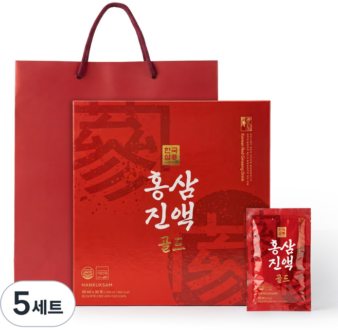 한국삼 홍삼진액 골드 50ml 30포+쇼핑백, 5개, 1.5L
