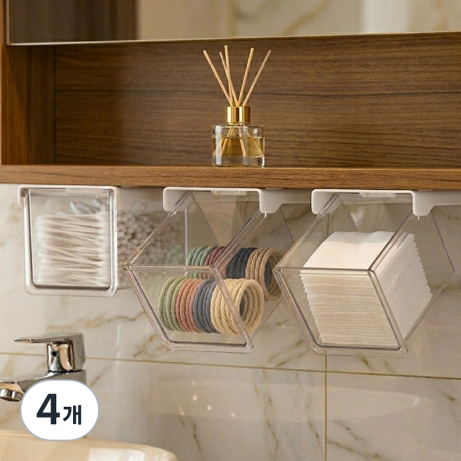 유니데이 무타공 슬라이딩 히든 수납 서랍, 4개, 투명