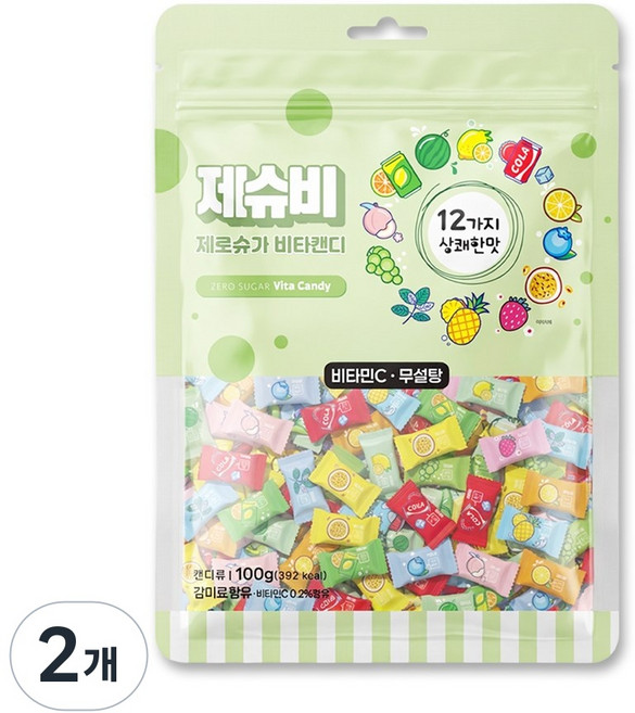 제슈비 제로슈가 비타캔디 12가지맛 무설탕 과일 사탕 지퍼백, 2개, 100g