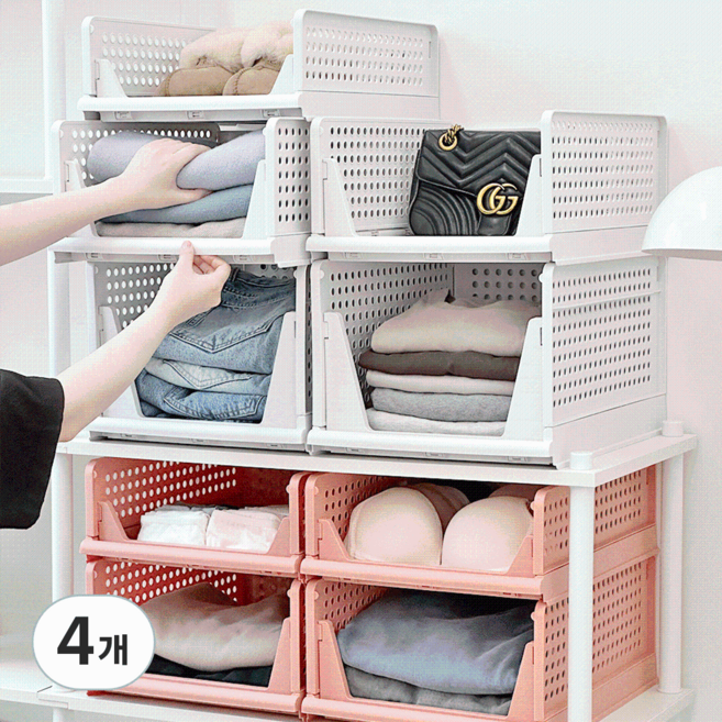 KC인증 데미무드 슬라이딩 옷정리 트레이 리빙박스, 화이트, 4개