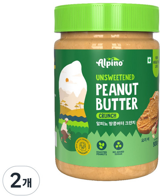 알피노 무가당 땅콩버터 크런치, 2개, 500g