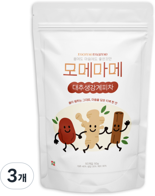 모메마메 국내산 대추 생강 계피차 삼각티백 마시는차, 3개, 50개입, 1g