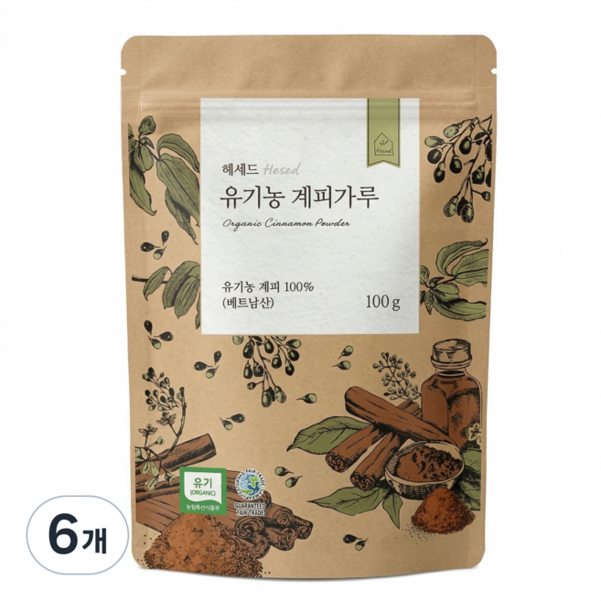 헤세드 유기농 YB1등급 계피가루 리필 파우치, 6개, 100g