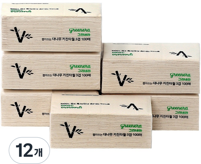 그리네라 먼지없는 무표백 뽑아쓰는 3겹 대나무키친타올, 12개, 100매