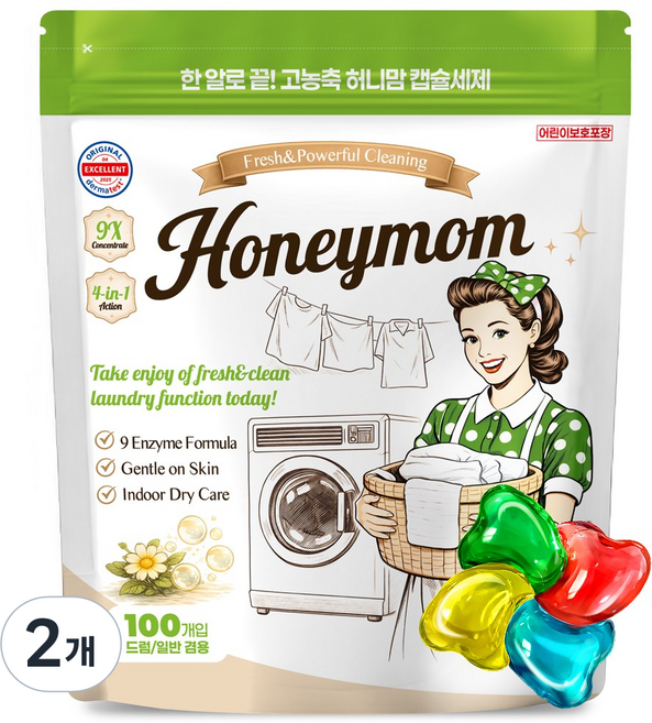 허니맘 캡슐세제 일반용량 2배 16g x 100개 세탁세제 일반용 드럼용 양재동꽃시장향, 2개, 100개입