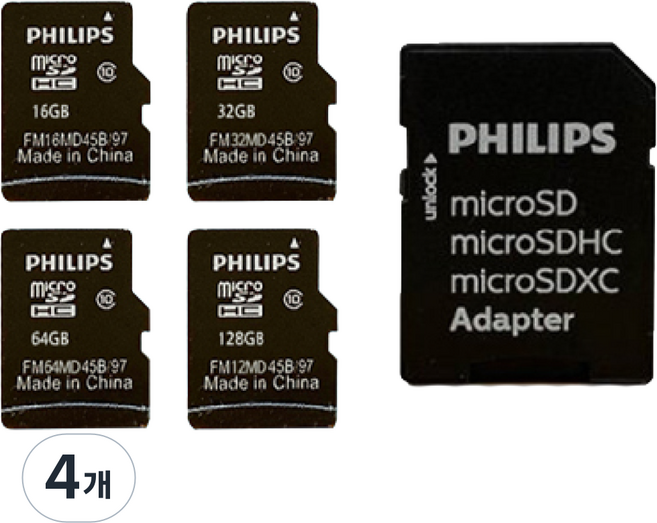 필립스 micro SD카드 Class 10 + 어답터, 64GB, 4개