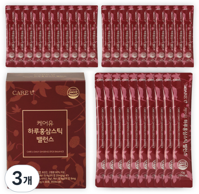 케어유 홍삼스틱 고려 홍삼정 진액 국내산 6년근 진세노사이드 하루 밸런스, 30회분, 3개