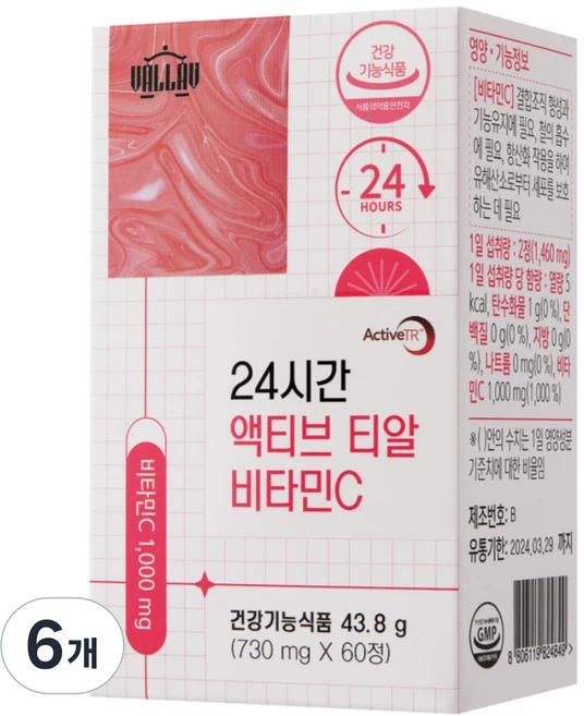 비타민C 1000 속편한 작은사이즈 세계특허 밸라브 24시간 액티브티알, 60정, 6개 - 쿠팡