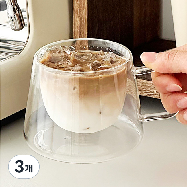 57도씨 홈카페 더블월 이중유리 커피잔, 투명, 3개, 더블월 커피잔