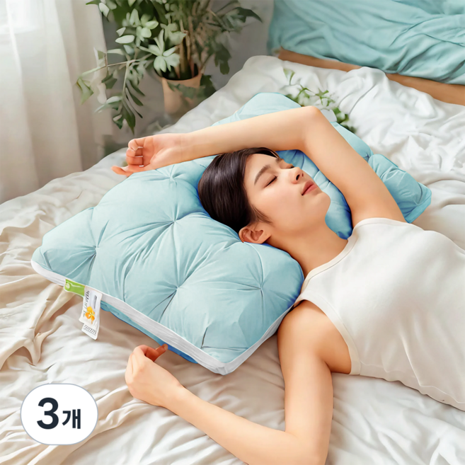 Jeernare 푹신한 베개 빨아쓰는 어깨편한 기절베개 5성급 사계절 호텔베개, 3개, 블루