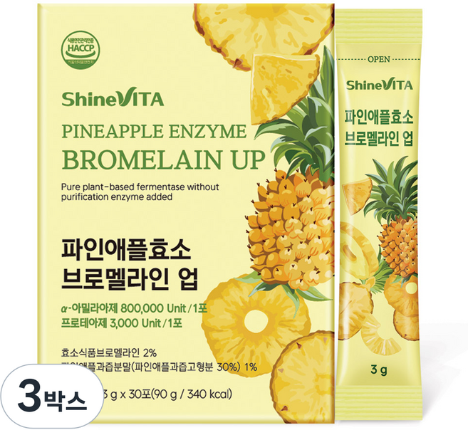 샤인비타 80만 고역가 파인애플 효소 브로멜라인 업 탄수화물 단백질 분해효소 30포, 3개, 90g