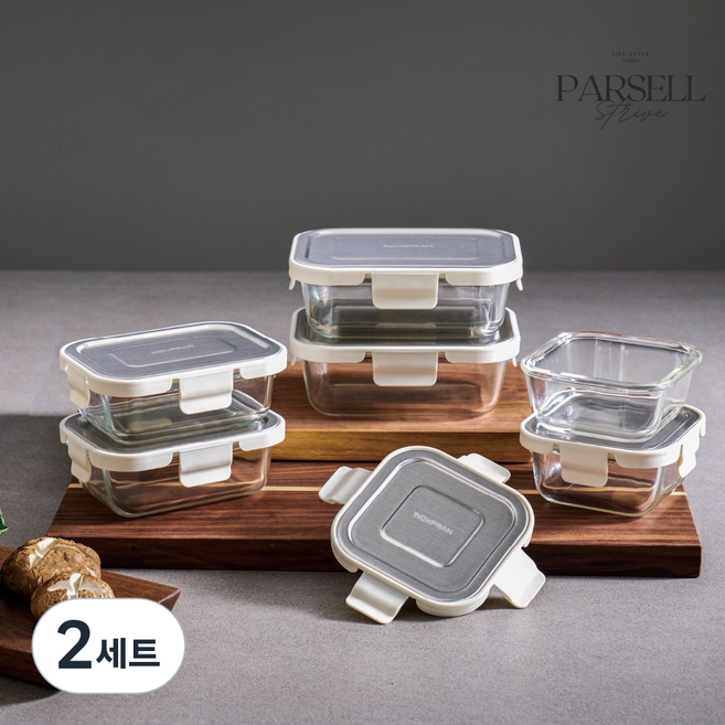 파르셀 글라스 밀폐용기 304스텐 커버 내열유리 6종세트, 직사각 370ml x 4 + 정사각 310ml x 2, 2세트