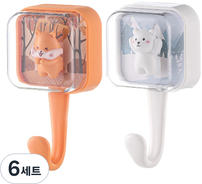 무디 캐릭터 무타공 걸이 벽걸이 후크 차키걸이, 다람쥐+백곰, 6세트