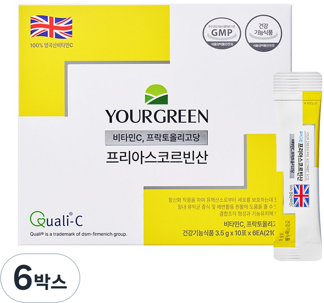 [유어그린] 무설탕 제로 비타민C 1000 장건강 프리바이오틱스 / 프리아스코르빈산 / 약사전문배합 / 영국산 100%, 3.5g, 6박스