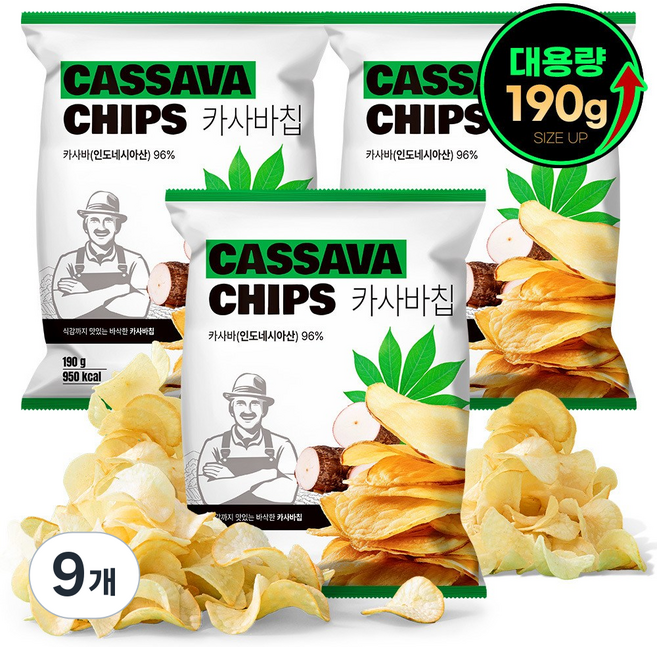 왓더파머스 대용량 글루텐프리 비건 통슬라이스 제로 카사바칩 건강한 저당 과자, 9개, 190g