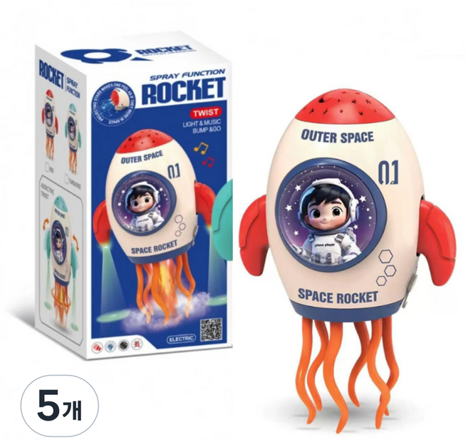 토이즈데이 실제 연기 분사! 춤추는 우주 로켓 별빛 프로젝션 사운드 LED 불빛 댄스 로보트 장난감 단체 선물, 5개, 레드
