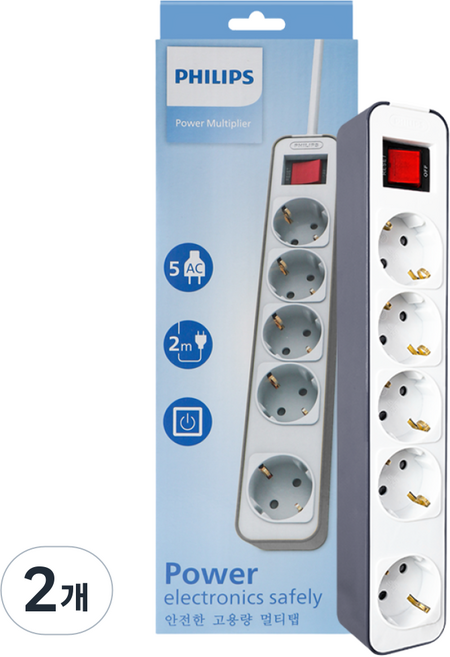 필립스 멀티탭 4000W 컬러탭 5구 과부하차단, 2m, 2개, 그레이 CHP2155GA