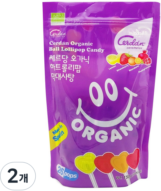 쎄르당 오가닉 하트롤리팝 유기농 막대사탕, 2개, 150g