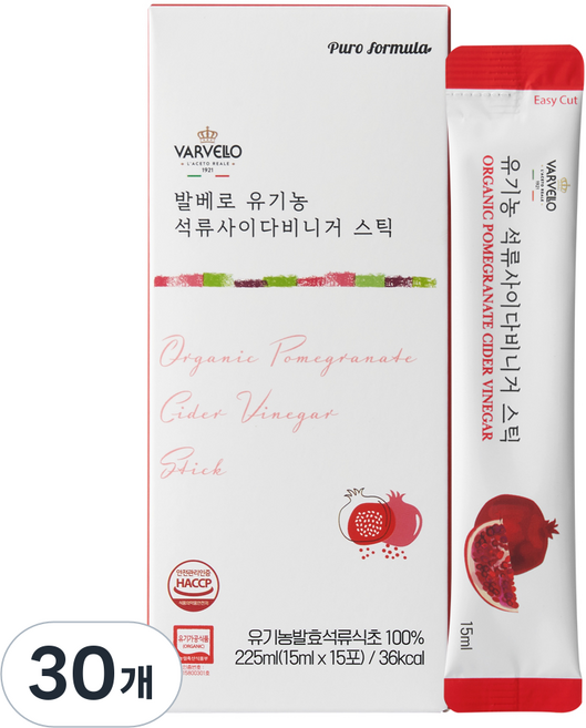 발베로 유기농 애사비 석류 식초 스틱, 30개, 15ml
