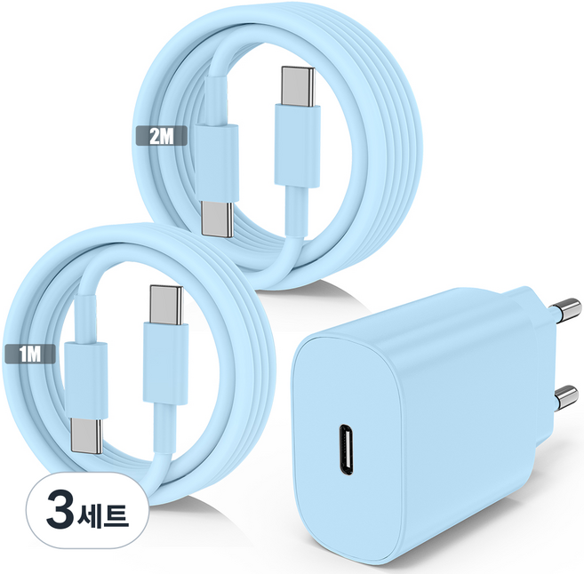 루미아코어 GaN PD3.0 PPS 25W c타입고속 충전기 + C타입 60W 케이블 고속충전 2m, 파란색, 3세트