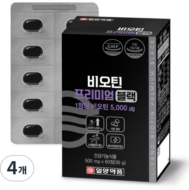 일양약품 비오틴 프리미엄 블랙 영양제 30g, 60정, 4개 - 쿠팡