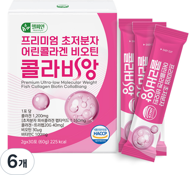 초저분자 어린콜라겐 식약청인증 HACCP 다이펩타이드 트리펩타이드 콜라겐 비오틴 저분자 피쉬콜라겐 콜라비앙, 60g, 6개