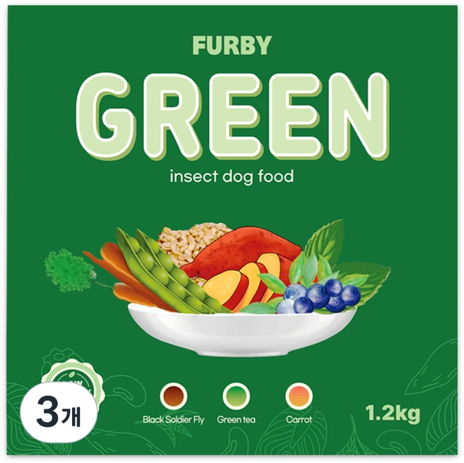 퍼비 그린 강아지 하이포 알러지 인섹트 눈물 피부 애견 사료, 곤충, 1.2kg, 3개 - 쿠팡