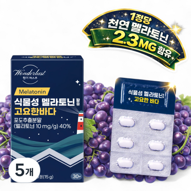 백화점입점제품 식물성 멜라토닌 한정당 2.4MG 함유 고요한바다 500MG HACCP PTP개별포장 식약처 인증, 5개, 30정