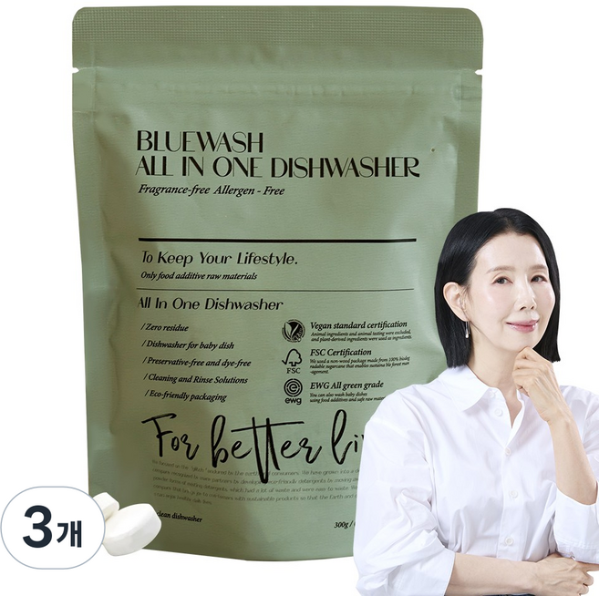 블루워시 비건 EWG올그린등급 초고농축 올인원 고체형 식기세척기세제 60개입, 3개, 300g