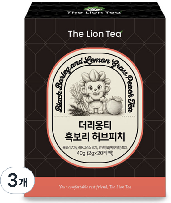 더리옹티 국내산 대용량 무카페인 블랙보리 레몬그라스 복숭아 티백, 3개, 20개입, 2g
