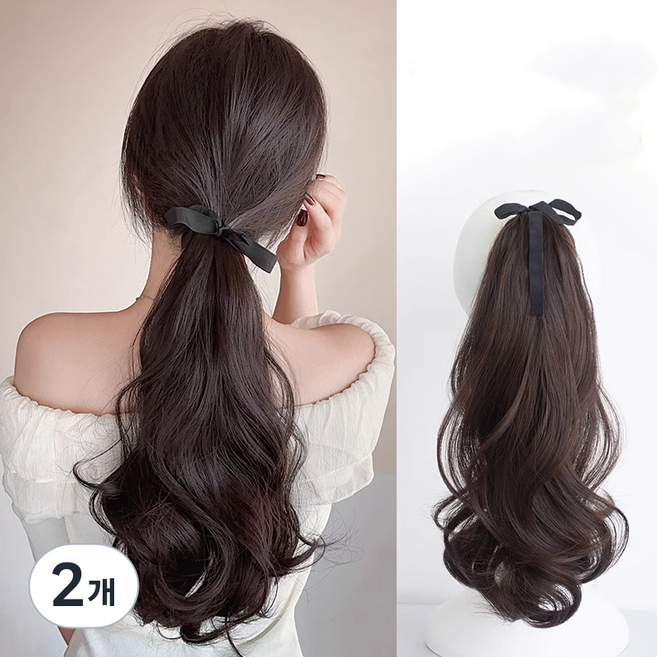 상덕 포니테일가발 웨이브 무광 끈 묶음형 머릿결 좋은 (똥머리가능), 2개, 브라운블랙