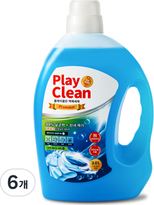 플레이클린 알칼리 액체세제 대용량 고농축 찌든때 쉰냄새 땀냄새 얼룩제거 세탁세제, 6개, 3L