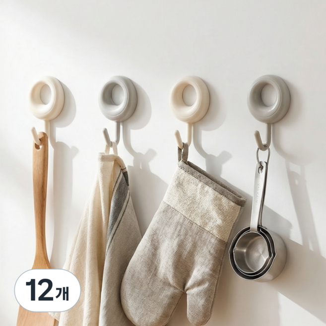 올리올망 접착식 벽걸이 후크 무타공 걸이, 12개, 아이보리+그레이