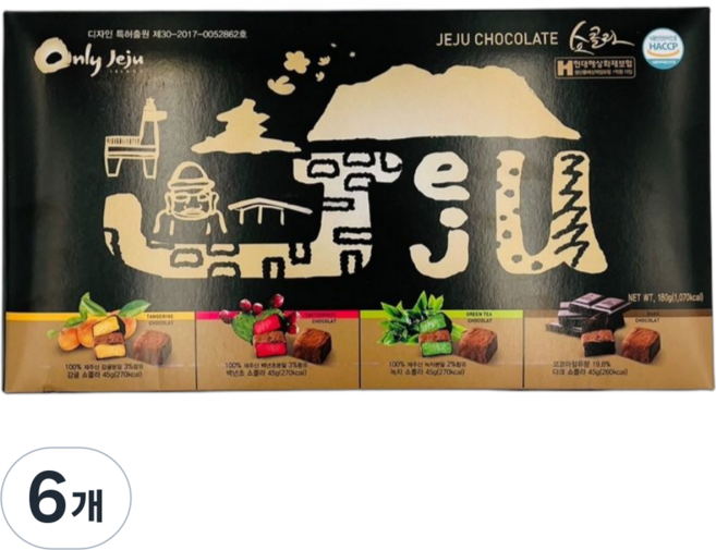 제주 초콜릿 쇼콜라 4가지맛 세트 감귤 백년초 녹차 다크 특산물, 180g, 6개
