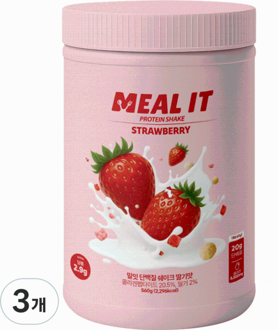 밀잇 식단관리 단백질 쉐이크 딸기맛, 3개, 560g