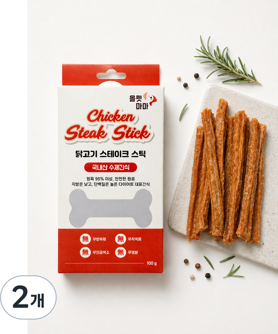 올펫마마 강아지간식 애견간식 닭가슴살 스테이크 100g 저지방 고단백 훈련용 간식, 2개, 닭고기스테이크스틱