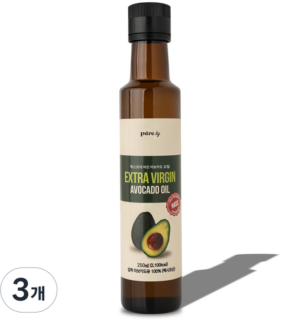 퓨어바이 100% 엑스트라버진 아보카도오일 저온압착 아보카도 20개를 한병에 불포화지방산 생식부터 튀김요리까지, 3개, 250ml