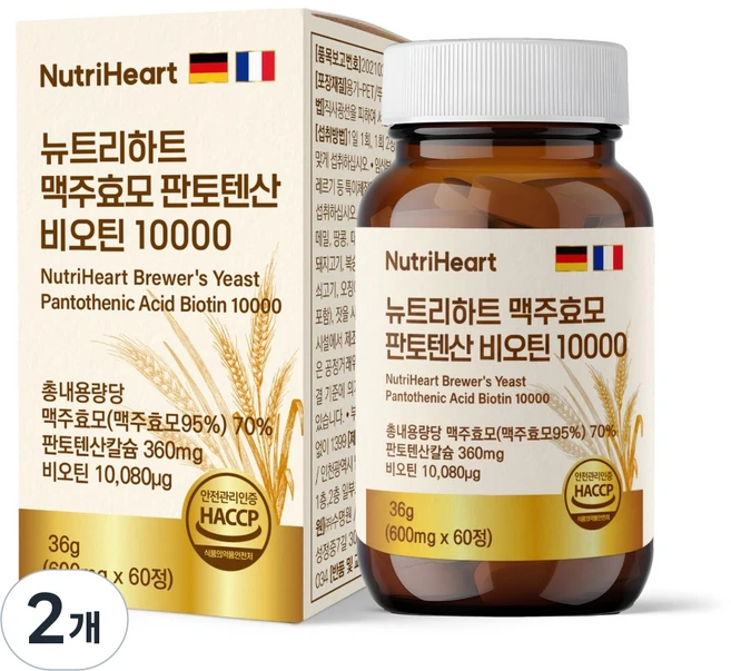 뉴트리하트 맥주효모 비오틴 판토텐산 셀레늄 아누카사과, 2개, 60정 - 쿠팡