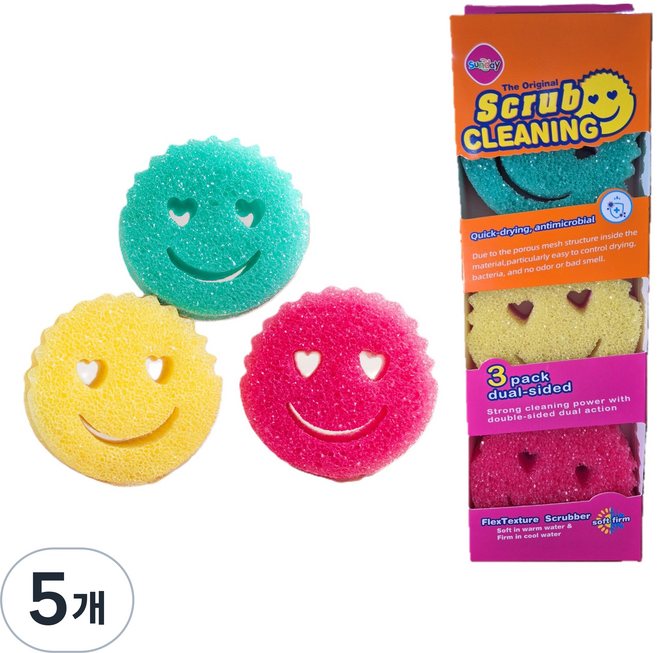 스크럽 클리닝 스마일 수세미 손쉬운 거품 세척 위생적 교체, 5개, 3개입