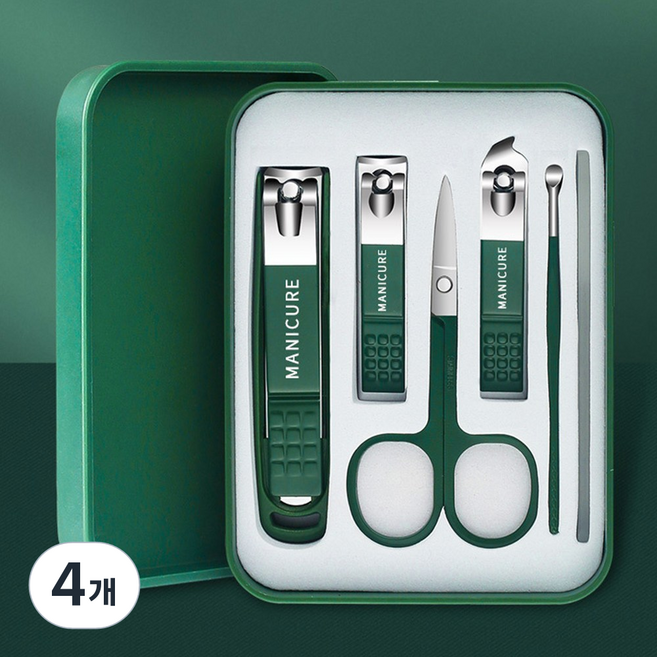 손톱깎이 6종 세트 네일케어 위생관리 휴대용 손톱정리 도구, 4개, 그린