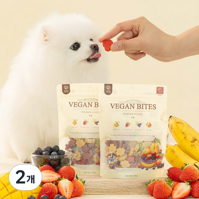 펫테일 비건바이츠 강아지 야채 과일 트릿 저알러지 췌장염 비건 간식 8종, 과일믹스/딸기 망고 바나나 블루베리, 100g, 2개