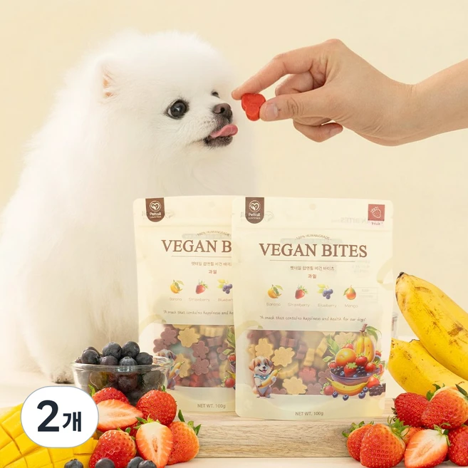 펫테일 비건바이츠 강아지 야채 과일 트릿 저알러지 췌장염 비건 간식 8종, 과일믹스/딸기 망고 바나나 블루베리, 100g, 2개 - 쿠팡