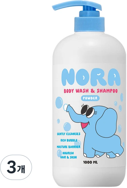 따블리에 노라 유아 바디워시 앤 샴푸 약산성 저자극 파우더향, 3개, 1L - 쿠팡