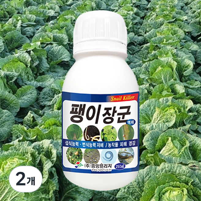 비료나라 중앙프라자 팽이장군 달팽이 퇴치제 제거제 배추밭 달팽이약 텃밭달팽이약 달팽이죽이는약 민달팽이약 달팽이약 상추달팽이약 딸기 애지렁이 인삼 감귤 과수 액상, 250ml, 2개