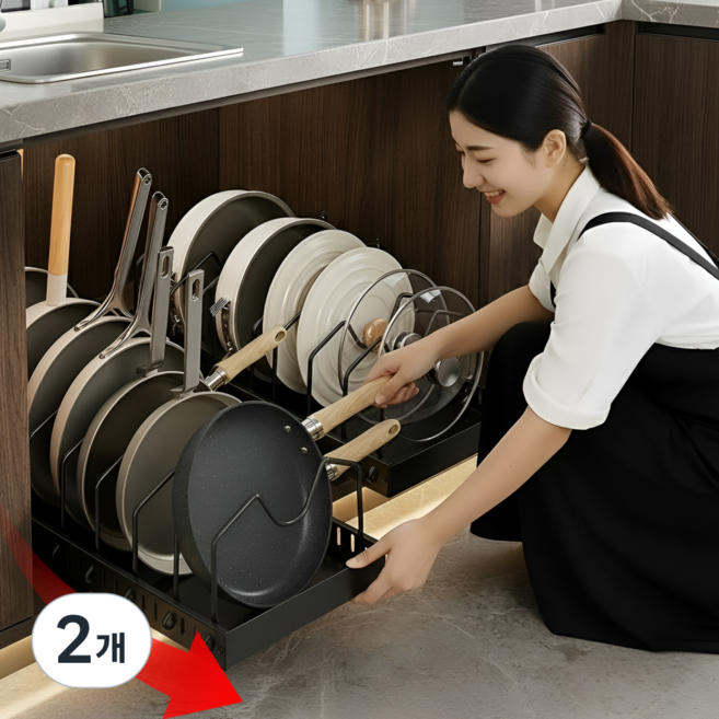 하이호프 주방이 넓어지는 간편설치 무타공 슬라이딩 후라이팬 정리대, 2개, 블랙, 7단