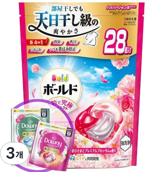 P&G 일본 다우니 보르도 캡슐세제 섬유유연제+세제 4 in 1 프리미엄 로즈 블라썸향 28겔볼, 3개, 28개입