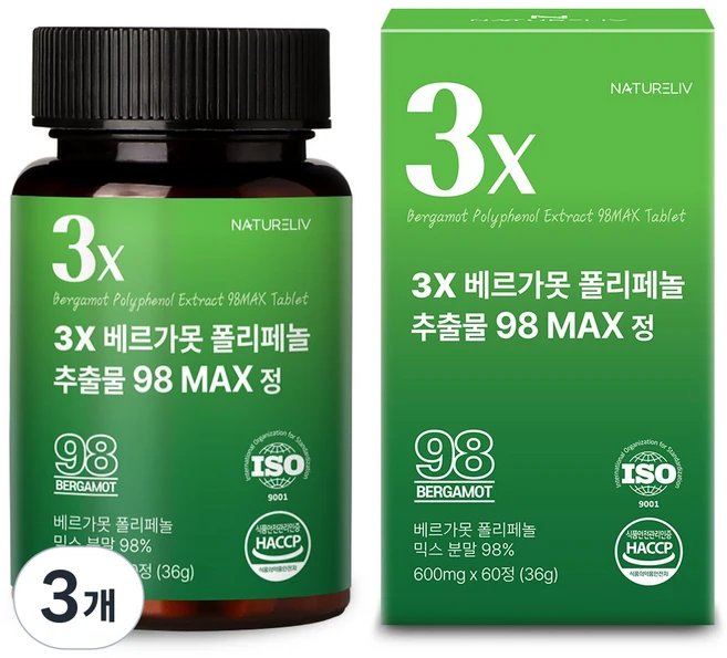 네이쳐리브 베르가못 폴리페놀 추출물 98 MAX 식약처 해썹 인증, 3개, 60정 - 쿠팡