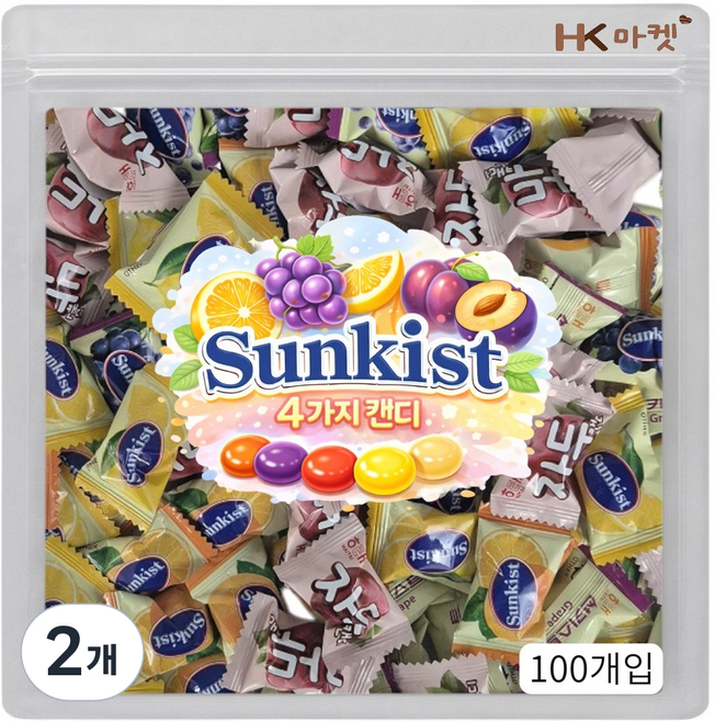 에이치케이마켓 과일향 가득한 과일캔디 4종 혼합 100개입 (썬키스트 오렌지/포도/레몬 자두), 530g, 2개